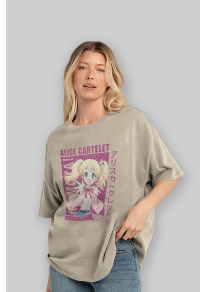 Alice Cartelet 12 Anime Ön Baskılı Bej Oversize T-Shirt Erkek Kadın modelleri