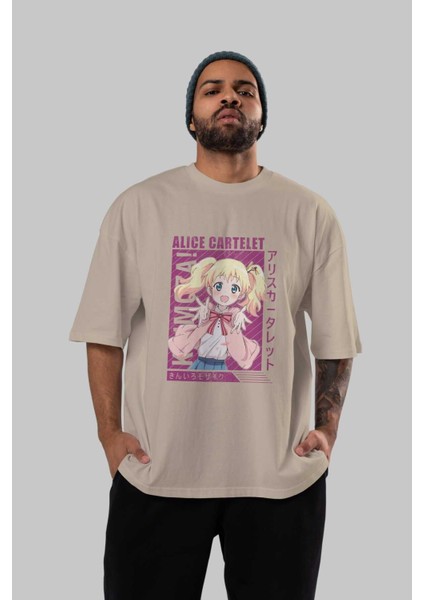 Alice Cartelet 12 Anime Ön Baskılı Bej Oversize T-Shirt Erkek Kadın fırsatları