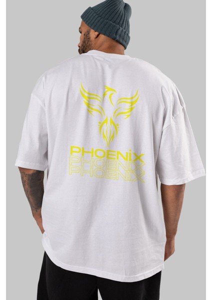 Phoenix Yazılı Arka Baskılı Beyaz Oversize T-Shirt Erkek Kadın Bisiklet Yaka