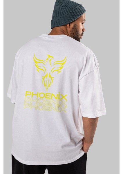 Phoenix Yazılı Arka Baskılı Beyaz Oversize T-Shirt Erkek Kadın Bisiklet Yaka modelleri