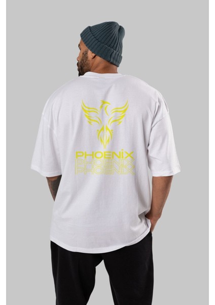 Phoenix Yazılı Arka Baskılı Beyaz Oversize T-Shirt Erkek Kadın Bisiklet Yaka fırsatları