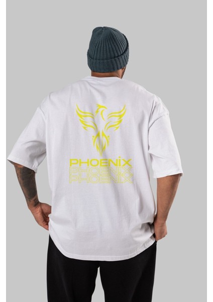 Phoenix Yazılı Arka Baskılı Beyaz Oversize T-Shirt Erkek Kadın Bisiklet Yaka indirimleri