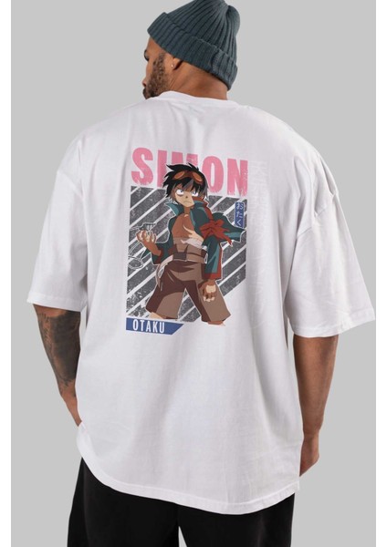 Simon 5 Anime Arka Baskılı Beyaz Oversize T-Shirt Pamuk Erkek Kadın indirimleri