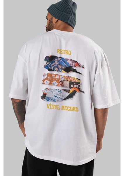 Retro Design Arka Baskılı Beyaz Oversize T-Shirt Erkek Kadın Bisiklet Yaka fırsatları
