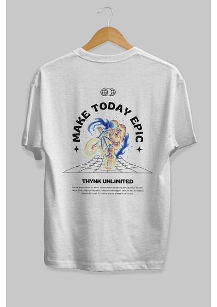 Make Today Epic Arka Baskılı Beyaz Oversize T-Shirt Erkek Kadın Bisiklet Yaka fırsatları