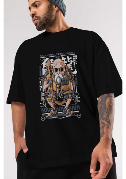 Roshi New Anime Ön Baskılı Siyah Oversize T-Shirt Erkek Kadın modelleri