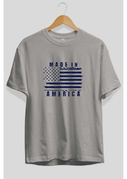 Made In America Ön Baskılı Gri Oversize T-Shirt Unisex Erkek Kadın Bisiklet Yaka fiyatları