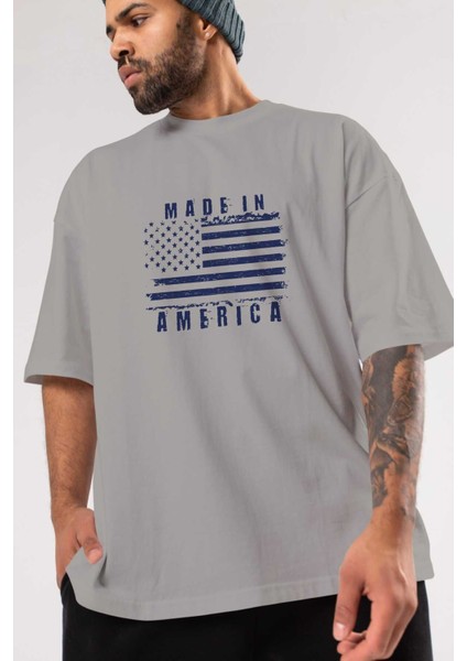 Made In America Ön Baskılı Gri Oversize T-Shirt Unisex Erkek Kadın Bisiklet Yaka modelleri