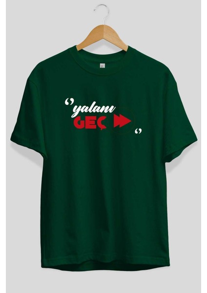 Yalanı Geç Ön Baskılı Zümrüt Yeşili Oversize T-Shirt Erkek Kadın Bisiklet Yaka fiyatları