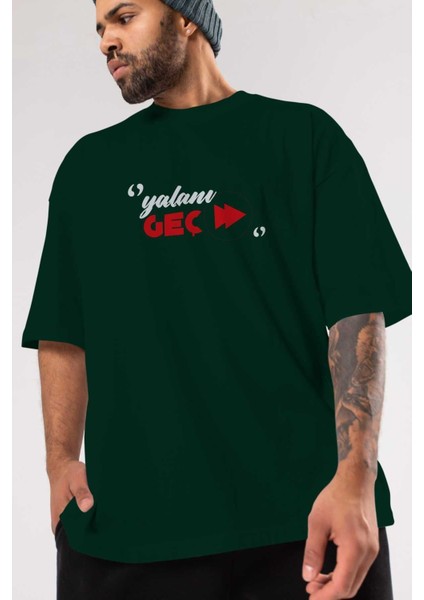 Yalanı Geç Ön Baskılı Zümrüt Yeşili Oversize T-Shirt Erkek Kadın Bisiklet Yaka modelleri