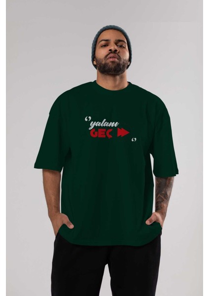 Yalanı Geç Ön Baskılı Zümrüt Yeşili Oversize T-Shirt Erkek Kadın Bisiklet Yaka indirimleri