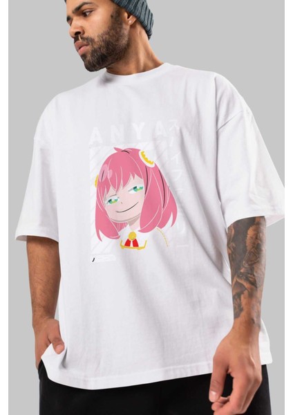 Anya Spyx Famıly Anime Ön Baskılı Beyaz Oversize T-Shirt Erkek Kadın modelleri