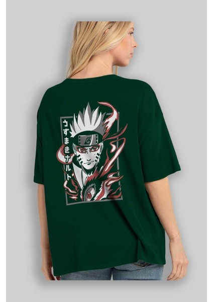 Narutomod Anime Arka Baskılı Zümrüt Yeşili Oversize T-Shirt Pamuk Erkek Kadın fırsatları