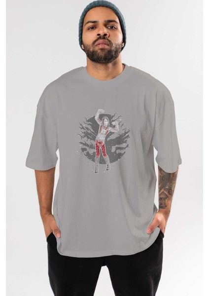 Marilyn Manson Ön Baskılı Gri Oversize T-Shirt Unisex Erkek Kadın Bisiklet Yaka