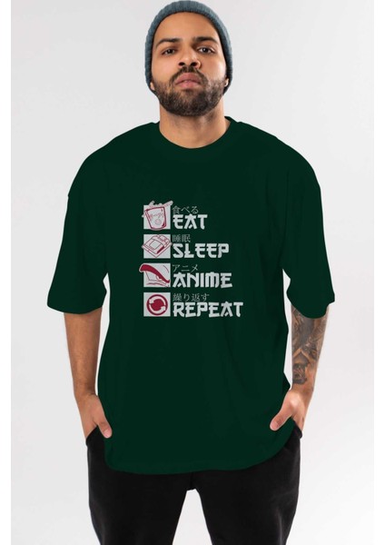 Eat, Sleep, Anime, Repeat Anime Ön Baskılı Zümrüt Yeşili Oversize T-Shirt Erkek Kadın