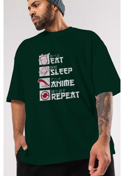 Eat, Sleep, Anime, Repeat Anime Ön Baskılı Zümrüt Yeşili Oversize T-Shirt Erkek Kadın modelleri