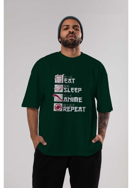 Eat, Sleep, Anime, Repeat Anime Ön Baskılı Zümrüt Yeşili Oversize T-Shirt Erkek Kadın indirimleri