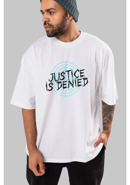 Justice Is Denied Ön Baskılı Beyaz Oversize T-Shirt Erkek Kadın Bisiklet Yaka modelleri