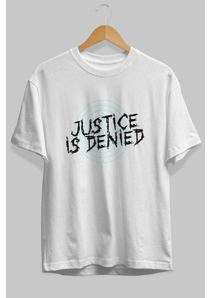 Justice Is Denied Ön Baskılı Beyaz Oversize T-Shirt Erkek Kadın Bisiklet Yaka fırsatları