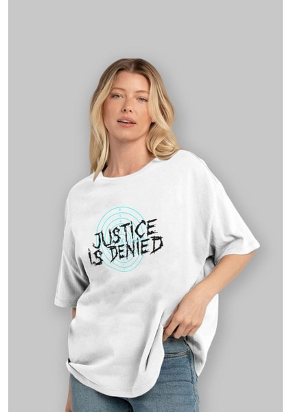 Justice Is Denied Ön Baskılı Beyaz Oversize T-Shirt Erkek Kadın Bisiklet Yaka indirimleri