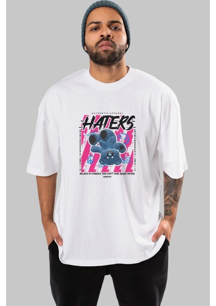 Haters Bear Ön Baskılı Beyaz Oversize T-Shirt Erkek Kadın Bisiklet Yaka