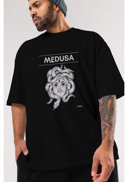 Medusa Ön Baskılı Siyah Oversize T-Shirt Erkek Kadın Bisiklet Yaka fiyatları