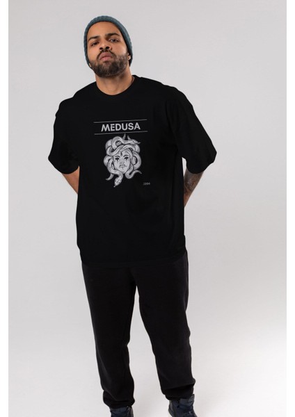 Medusa Ön Baskılı Siyah Oversize T-Shirt Erkek Kadın Bisiklet Yaka modelleri
