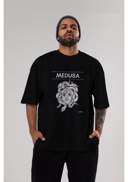 Medusa Ön Baskılı Siyah Oversize T-Shirt Erkek Kadın Bisiklet Yaka fırsatları