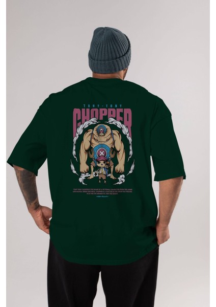 Tony Tony Chopper Anime Arka Baskılı Zümrüt Yeşili Oversize T-Shirt Pamuk Erkek Kadın