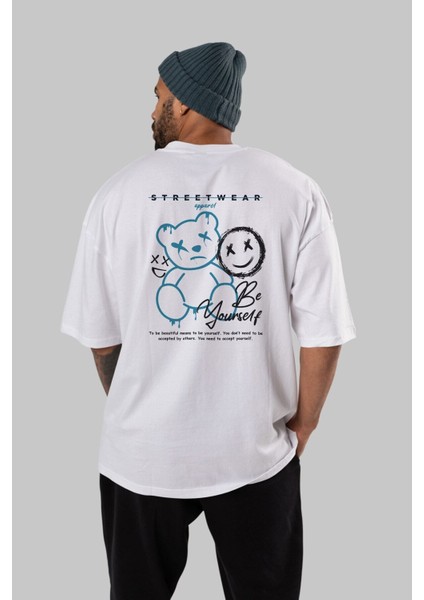 Be Yourself Bear Arka Baskılı Beyaz Oversize T-Shirt Erkek Kadın Bisiklet Yaka
