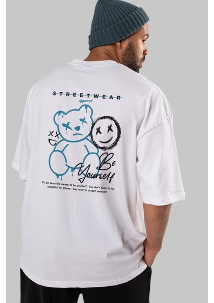 Be Yourself Bear Arka Baskılı Beyaz Oversize T-Shirt Erkek Kadın Bisiklet Yaka fiyatları