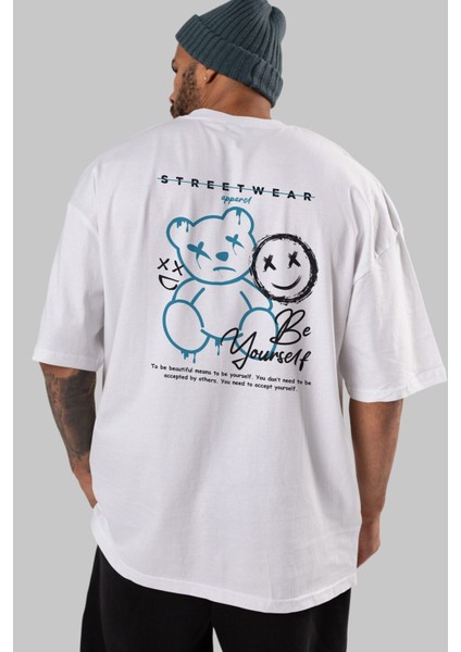 Be Yourself Bear Arka Baskılı Beyaz Oversize T-Shirt Erkek Kadın Bisiklet Yaka modelleri
