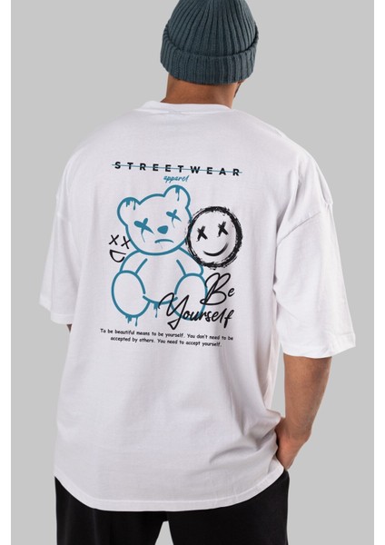 Be Yourself Bear Arka Baskılı Beyaz Oversize T-Shirt Erkek Kadın Bisiklet Yaka fırsatları