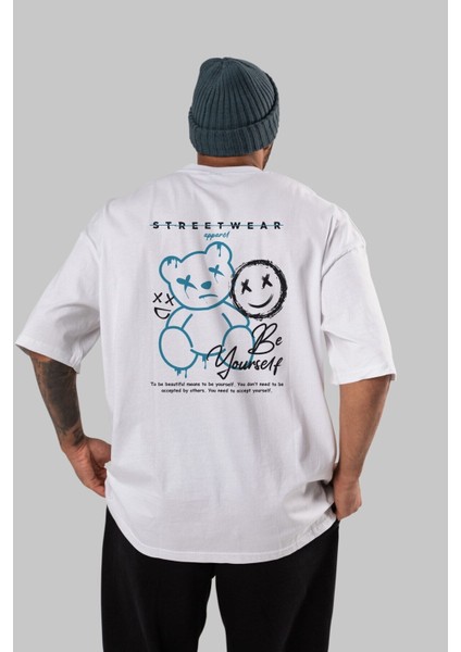 Be Yourself Bear Arka Baskılı Beyaz Oversize T-Shirt Erkek Kadın Bisiklet Yaka indirimleri