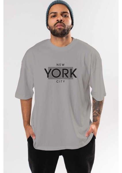 New York City Ön Baskılı Gri Oversize T-Shirt Unisex Erkek Kadın Bisiklet Yaka