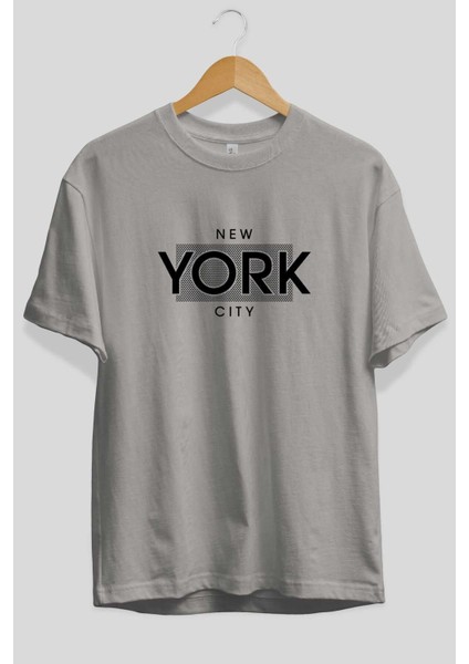 New York City Ön Baskılı Gri Oversize T-Shirt Unisex Erkek Kadın Bisiklet Yaka fiyatları