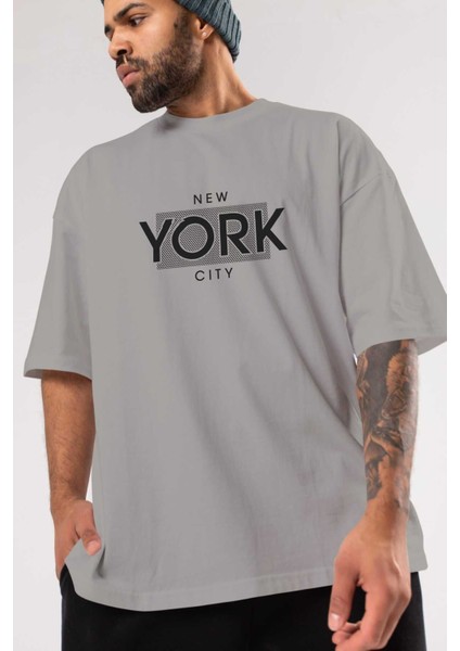 New York City Ön Baskılı Gri Oversize T-Shirt Unisex Erkek Kadın Bisiklet Yaka modelleri