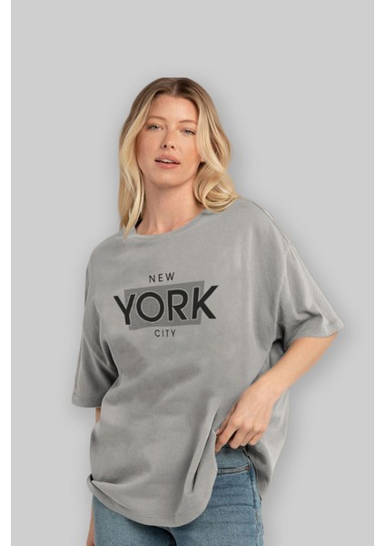 New York City Ön Baskılı Gri Oversize T-Shirt Unisex Erkek Kadın Bisiklet Yaka fırsatları