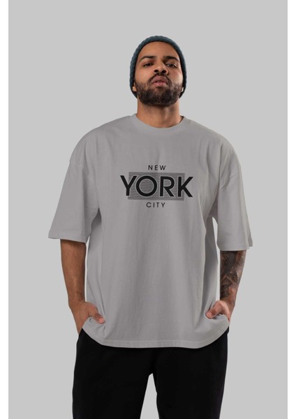 New York City Ön Baskılı Gri Oversize T-Shirt Unisex Erkek Kadın Bisiklet Yaka indirimleri