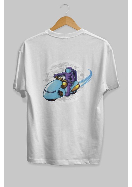 Astrorider In Space Arka Baskılı Beyaz Oversize T-Shirt Erkek Kadın Bisiklet Yaka fiyatları