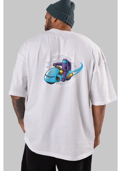 Astrorider In Space Arka Baskılı Beyaz Oversize T-Shirt Erkek Kadın Bisiklet Yaka modelleri