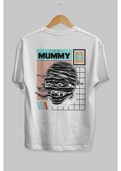 The Mummy Arka Baskılı Beyaz Oversize T-Shirt Erkek Kadın Bisiklet Yaka fiyatları