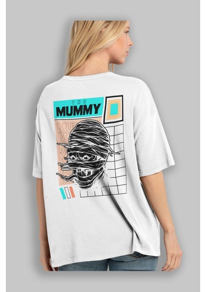 The Mummy Arka Baskılı Beyaz Oversize T-Shirt Erkek Kadın Bisiklet Yaka modelleri