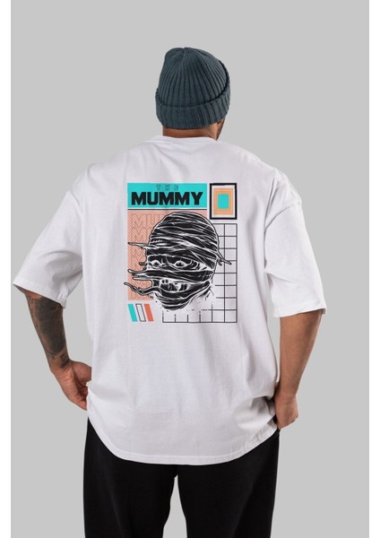 The Mummy Arka Baskılı Beyaz Oversize T-Shirt Erkek Kadın Bisiklet Yaka fırsatları