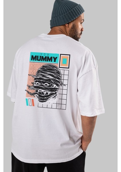The Mummy Arka Baskılı Beyaz Oversize T-Shirt Erkek Kadın Bisiklet Yaka indirimleri