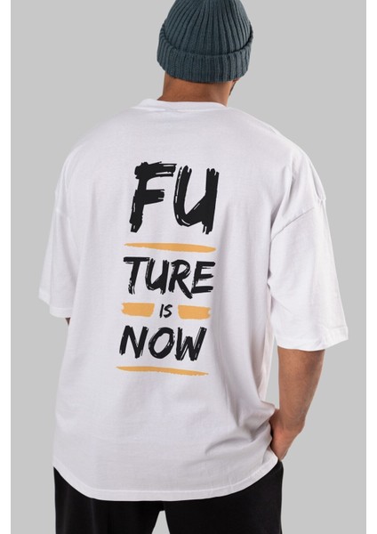 Future Is Now Yazılı Arka Baskılı Beyaz Oversize T-Shirt Erkek Kadın Bisiklet Yaka