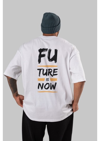 Future Is Now Yazılı Arka Baskılı Beyaz Oversize T-Shirt Erkek Kadın Bisiklet Yaka fiyatları