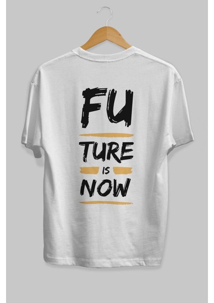 Future Is Now Yazılı Arka Baskılı Beyaz Oversize T-Shirt Erkek Kadın Bisiklet Yaka modelleri
