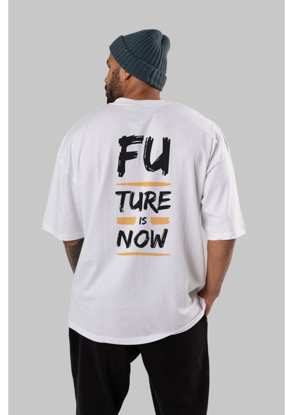 Future Is Now Yazılı Arka Baskılı Beyaz Oversize T-Shirt Erkek Kadın Bisiklet Yaka fırsatları