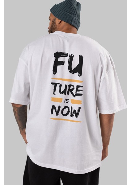 Future Is Now Yazılı Arka Baskılı Beyaz Oversize T-Shirt Erkek Kadın Bisiklet Yaka indirimleri